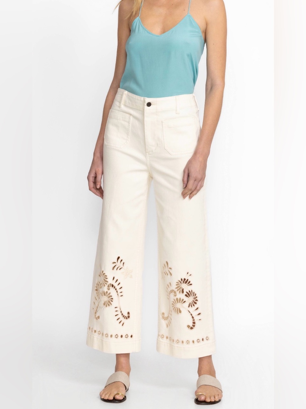 Johnny Was Women’s Charlotta Cropped Wide Leg Jean, Beige NWT Size 32